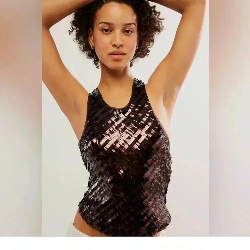 NWOT Free people disco fever black sequin tie neck top
